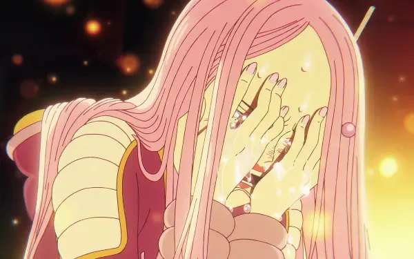 Jewelry Bonney from One Piece in a sad anime close-up, hands covering her tearful face against warm glowing bokeh — 4K Ultra HD PC desktop wallpaper.