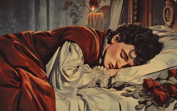 Sleeping figure in a dark-fantasy scene on a rotting bed, candlelight and wilted roses — 2K Quad HD PC desktop wallpaper and background.