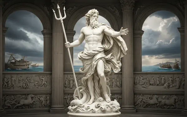 4K Ultra HD PC desktop wallpaper of a marble Poseidon statue with trident, set against arched seascape windows, stormy sky and distant ships.