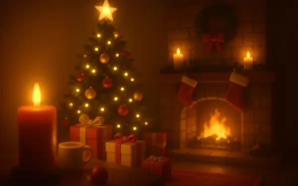 4K Ultra HD PC desktop wallpaper showcasing a warm Christmas aesthetic: a lit tree with star, wrapped gifts, glowing fireplace, candle and wreath casting cozy light.