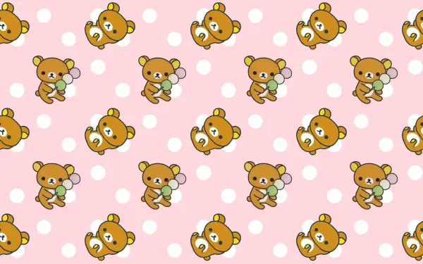 HD PC desktop wallpaper pattern featuring San‑X Rilakkuma bears scattered on a pink polka‑dot background