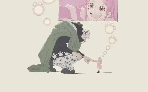 Anime HD desktop wallpaper of One Piece: Bartholomew Kuma kneeling to gently touch Jewelry Bonney's outstretched hand; pink-haired Bonney smiles in a top inset against a pale background.