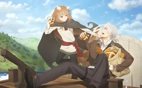 2K Quad HD PC desktop wallpaper: Anime scene from Spice and Wolf — Holo with wolf ears and a mug of ale smiles beside Kraft Lawrence on a sunlit dock, bread spilling from his satchel.