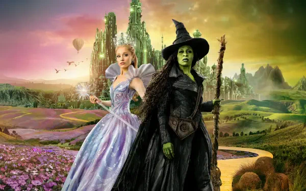 4K Ultra HD PC desktop wallpaper from the movie Wicked: For Good, featuring Glinda in a sparkling gown and Elphaba, the green witch with a staff, standing before the Emerald City.