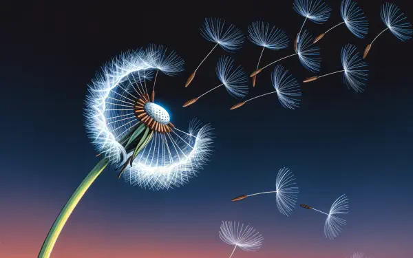 4K Ultra HD PC desktop wallpaper and background: a luminous dandelion head releasing delicate, wispy seeds drifting across a dusky gradient sky at sunset.