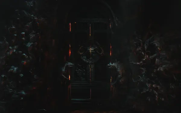 Diablo IV Gates of Hell 8K Ultra HD PC desktop wallpaper: a towering demonic gate framed by molten runes, shadowy figures and an infernal, hellish glow — video game art.