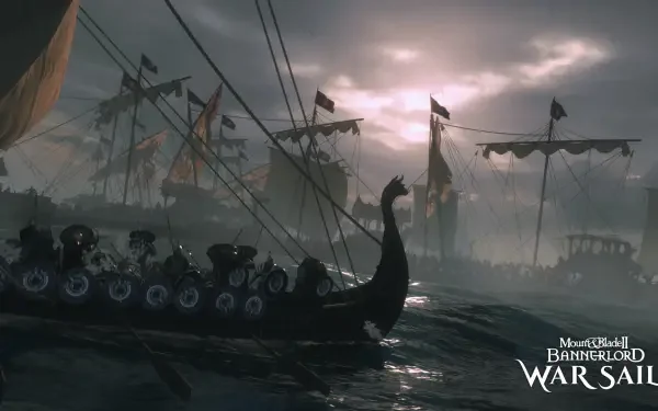 HD PC desktop wallpaper for the video game Mount & Blade II: Bannerlord - War Sails showing silhouetted longships with dragon prows and shield-lined hulls steaming through dark, stormy waters at dusk.
