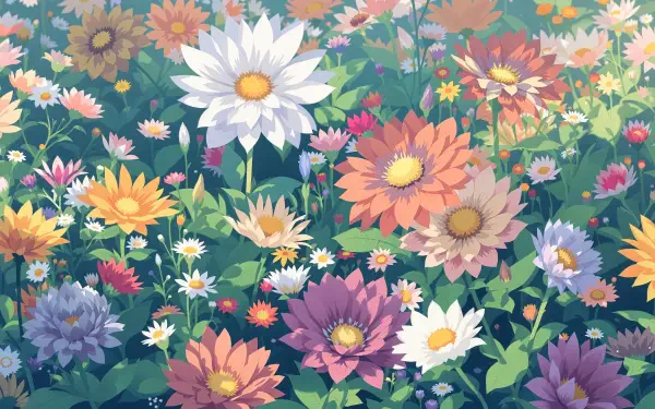 Aesthetic flowers rendered in vibrant pastel colors — a detailed 4K Ultra HD PC desktop wallpaper background of daisies and zinnia-like blooms in gentle sunlight.