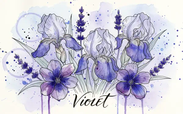 Violet watercolor floral 4K Ultra HD PC desktop wallpaper: hand-painted irises, violets and lavender sprigs in purple hues, paint splatters and handwritten Violet title.
