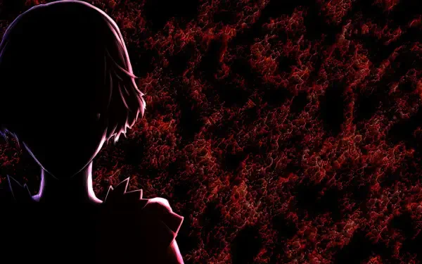 Dark HD PC desktop wallpaper and background from the video game The Song of Saya: a silhouetted girl in profile against a writhing blood-red textured backdrop.