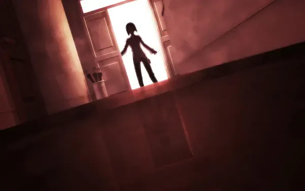 HD PC desktop wallpaper from the video game The Song of Saya — a silhouetted figure stands in a doorway, red-tinted light and a glossy floor reflecting an eerie, unsettling scene.