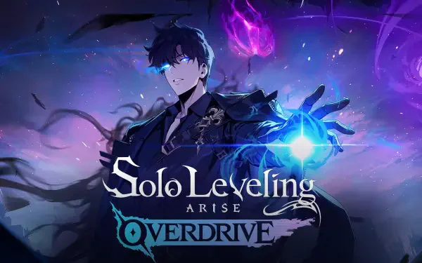 HD PC desktop wallpaper of Sung Jin-Woo from the video game Solo Leveling: ARISE — dark, stormy backdrop with blue-purple magic aura and the game logo.