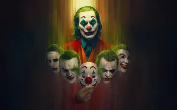 4K Ultra HD PC desktop wallpaper and background: Joker in a red suit holds a clown mask as multiple eerie Joker faces float around him against vertical streaks of light.
