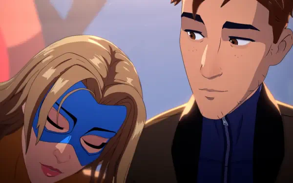 2K Quad HD PC wallpaper from the video game Dispatch: Blonde Blazer in a blue mask leans against Robert Robertson, a pensive man in a dark jacket.