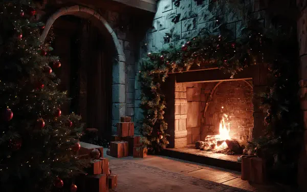 4K Ultra HD PC Desktop Wallpaper and Background: cozy Christmas fireplace in a stone hearth with a decorated tree, garlands, and wrapped presents casting a warm glow.