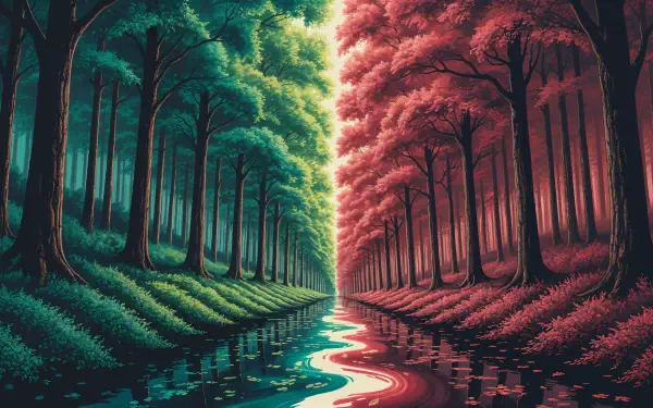 4K Ultra HD PC desktop wallpaper and background: surreal forest split into emerald and rose groves with a glowing, reflective river winding symmetrically down the center.