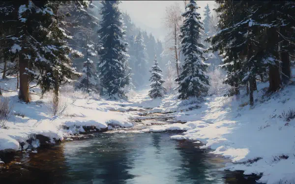 4K Ultra HD PC desktop wallpaper and background — winter serenity: snow-covered pines and a glassy stream winding through a quiet sunlit forest.