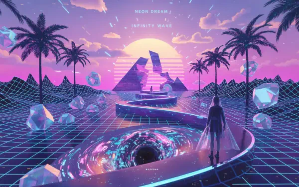 Dreamcore 4K Ultra HD PC desktop wallpaper and background: neon‑retro grid landscape with palm trees, floating crystal shards, a glowing vortex and silhouetted figure approaching a sunlit pyramid.