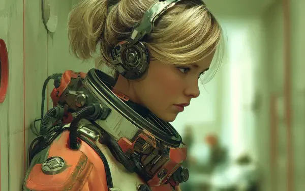 Sci‑Fi portrait of a scifi girl astronaut in an orange pressure suit and headset, thoughtful expression in a moody green corridor — 4K Ultra HD PC desktop wallpaper.