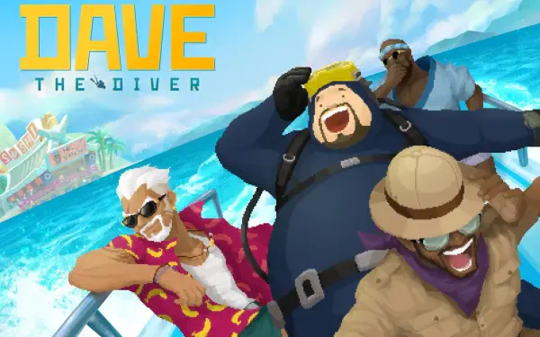 HD PC desktop wallpaper of Dave the Diver video game pixel art: jubilant divers and crew on a boat with a bright ocean backdrop and the game's logo.