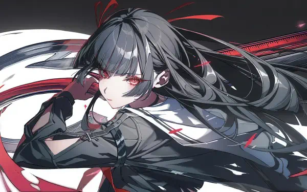 4K Ultra HD PC wallpaper of Chisa from the video game Wuthering Waves — anime portrait with flowing dark hair, red ribbons and piercing red eyes against a black-and-red backdrop.