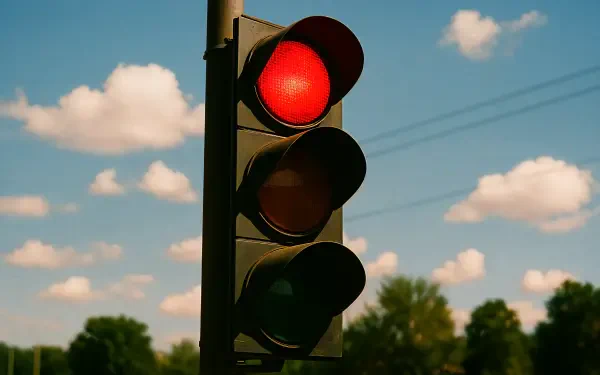 Close-up of a traffic light showing a red signal against a blue sky with fluffy clouds and treetops — 4K Ultra HD PC desktop wallpaper and background.