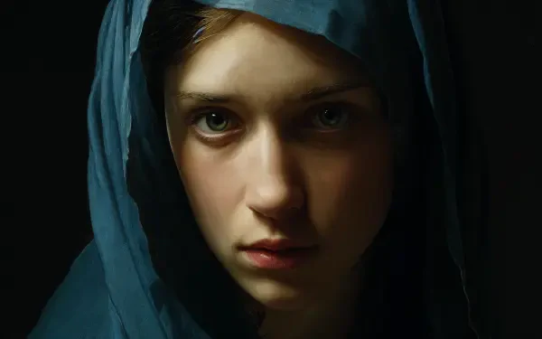 4K Ultra HD PC desktop wallpaper: close-up religious portrait of the Virgin Mary in a blue veil, solemn gaze and soft chiaroscuro lighting against a dark background.