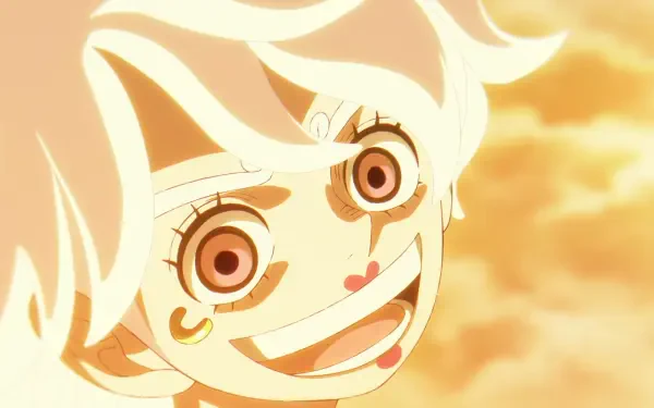 HD PC wallpaper of One Piece's Jewelry Bonney in Gear 5 — ecstatic close-up with wild white hair, wide pink eyes and a warm golden sky desktop background.