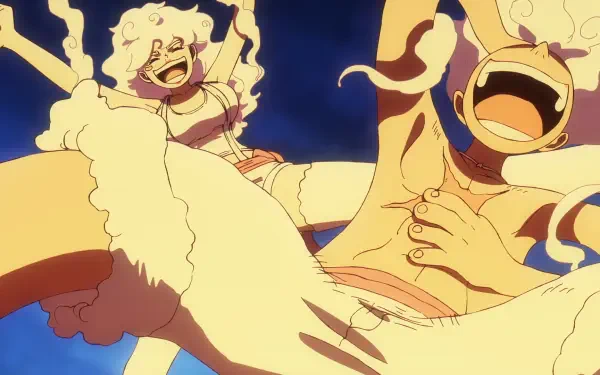 HD PC desktop wallpaper of Anime One Piece showing Jewelry Bonney and Monkey D. Luffy in Gear 5 laughing exuberantly against a bright blue sky.