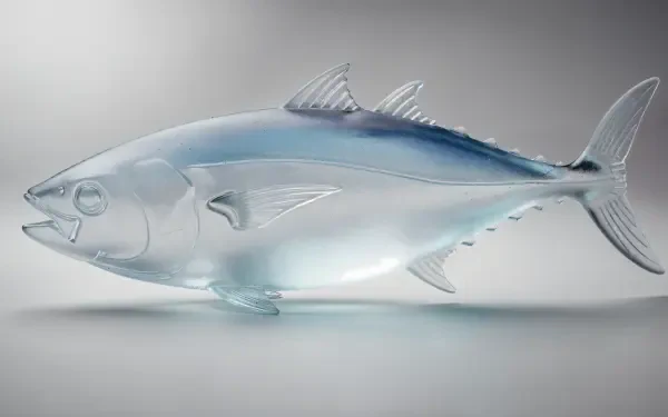 Translucent, glass-like tuna with silver-blue highlights gliding over a soft gradient, rendered as a 4K Ultra HD PC desktop wallpaper and background.