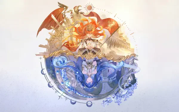 8K Ultra HD video game wallpaper of Wuthering Waves' Iuno in a circular red-and-blue yin-yang composition, fiery top and watery bottom with ornate, mirrored details.