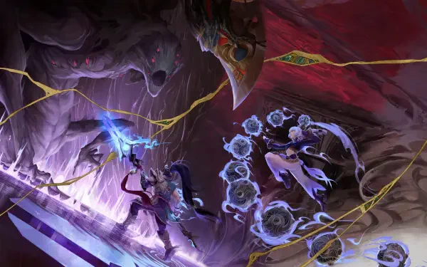 4K Ultra HD PC wallpaper and background from the video game League of Legends: Yunara and Xin Zhao clash with a looming monster amid shattered battleground light.