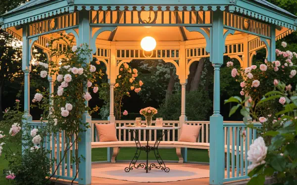 Teal garden gazebo framed by climbing roses, cushioned benches and a lit lantern above a small table — 4K Ultra HD PC Desktop Wallpaper and Background.