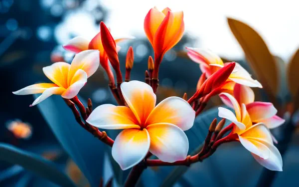 Close-up of vibrant plumeria blossoms in yellow, white and pink against teal foliage — 4K Ultra HD PC desktop wallpaper and background.