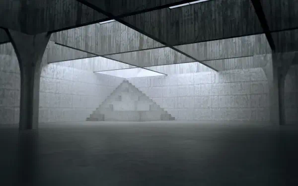 Black-and-white Brutalist interior with concrete pillars and a shallow reflecting pool and triangular wall cutout; 2K Quad HD PC desktop wallpaper of man-made architecture.
