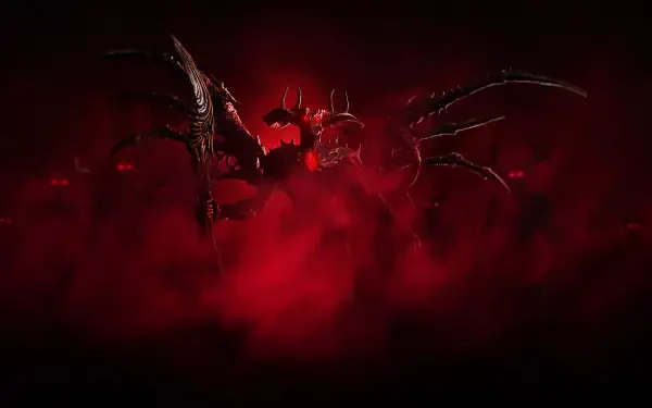 5K Ultra HD PC wallpaper: blood-red scene of a horned demon with spiked wings and claws emerging from smoke, evoking Diablo and Ashes of Creation video game aesthetics.