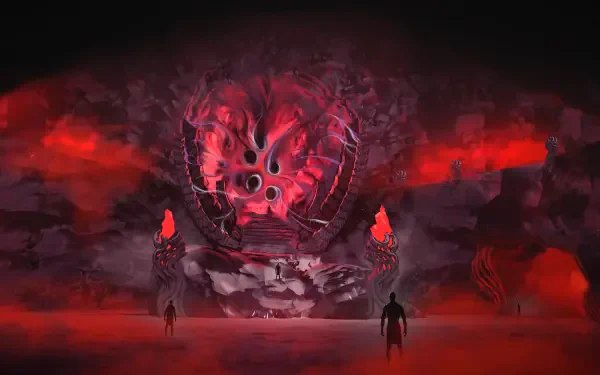 5K Ultra HD PC desktop wallpaper of the Ashes of Creation video game: a towering red fantasy portal with horned visage, flanked by flaming statues and shadowed figures amid blood-red mist.