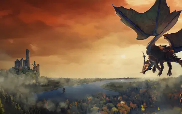 Ashes of Creation video game 5K Ultra HD PC wallpaper: a dragon flies above a misty valley toward a distant fantasy castle at sunset.