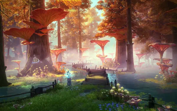 Infinity Nikki concept art HD PC desktop wallpaper: a fantasy forest with towering trees, glowing giant mushrooms, a mossy path and soft ethereal light.