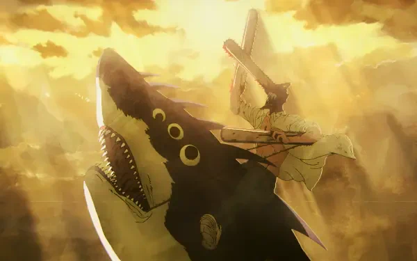 Anime Chainsaw Man 2K Quad HD PC wallpaper: Denji riding Beam the shark through golden clouds with sunlight streaming around them.