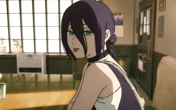 2K Quad HD PC desktop wallpaper of Reze (Chainsaw Man): anime character with purple hair and green eyes looking over her shoulder in a sunlit room.