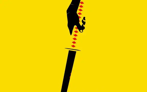 Kill Bill: Vol. 1 5K Ultra HD PC desktop wallpaper — minimalist black hand gripping a katana, red droplets falling on a vivid yellow background.