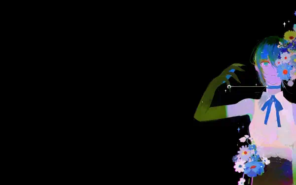 Chainsaw Man character with flowers masking the face and a green arm on a stark black backdrop — 8K Ultra HD PC wallpaper and background.