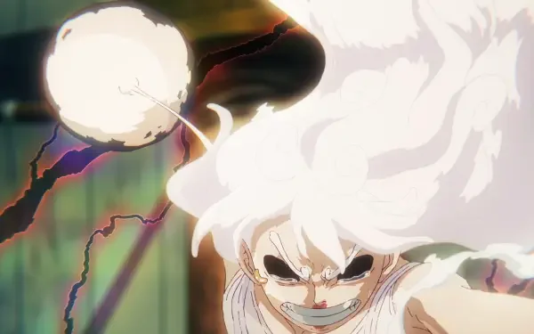 HD One Piece desktop wallpaper of Jewelry Bonney in Gear 5 — close-up action shot with wild white hair, fierce expression, and a glowing, energy-charged fist.