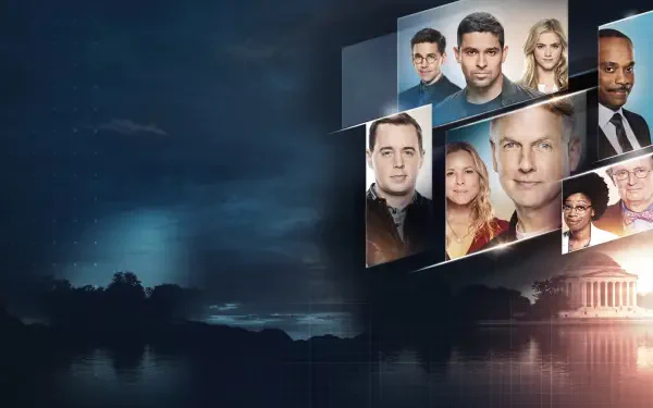 NCIS 4K Ultra HD PC wallpaper: moody night waterfront with a glowing collage of the show's cast portraits layered over a Washington skyline.