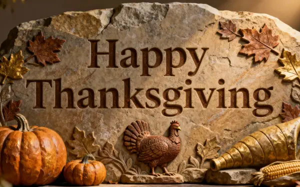 4K Ultra HD PC desktop wallpaper: carved stone Happy Thanksgiving plaque with pumpkins, turkey relief, cornucopia and autumn leaves.