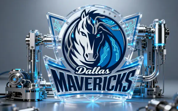 Dallas Mavericks 4K Ultra HD PC desktop wallpaper and background: futuristic chrome-and-blue team logo with mechanical accents and glowing circuitry.