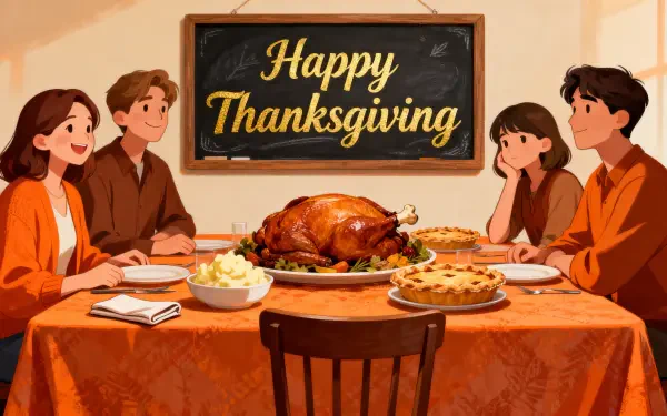 Happy Thanksgiving text above a family gathered around a table with roast turkey, sides and pies — 4K Ultra HD PC desktop wallpaper and background.