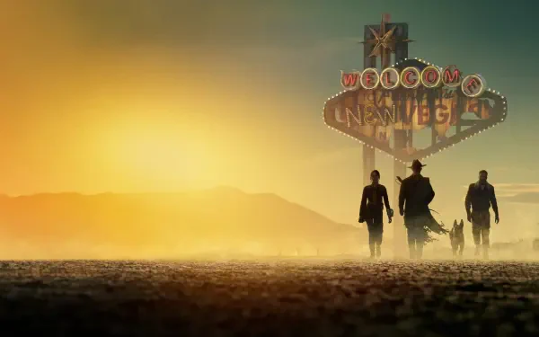 Fallout (TV Show) 4K Ultra HD PC wallpaper/background: three silhouetted figures and a dog cross a sunlit desert toward a weathered Welcome to New Vegas neon sign at dusk.