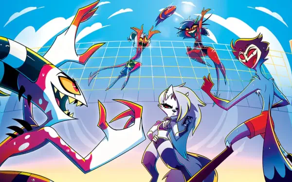 Helluva Boss 2K Quad HD PC desktop wallpaper background: vibrant cartoon demons and a white‑haired protagonist striking poses against a neon grid sky.